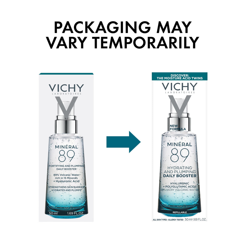 Vichy Mineral 89 bottle beside moisturizer illustrating layered routine benefit