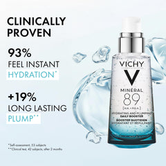 Vichy Mineral 89 pump dispensing serum highlighting quick, mess-free use