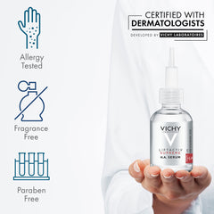 Vichy bottle next to hand showing product size and easy-at-home use benefit