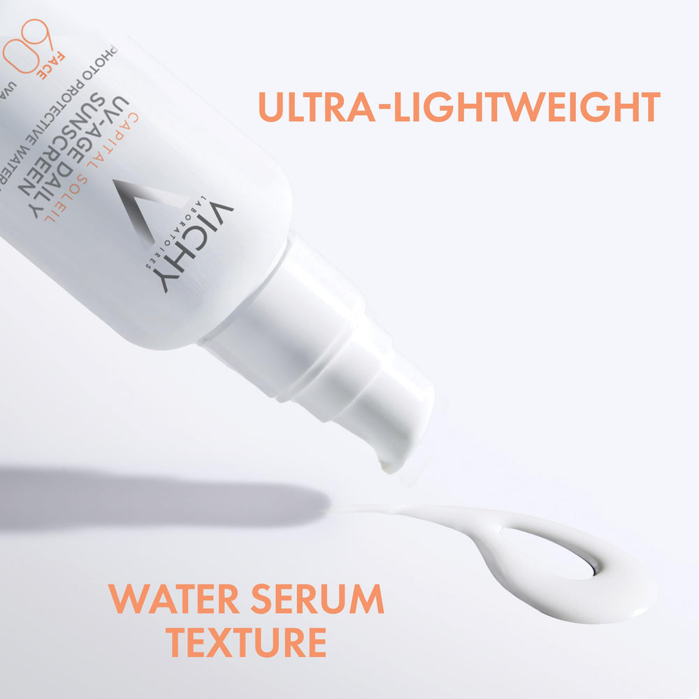 Vichy size scale with hand showing tube dimensions and travel-friendly benefit