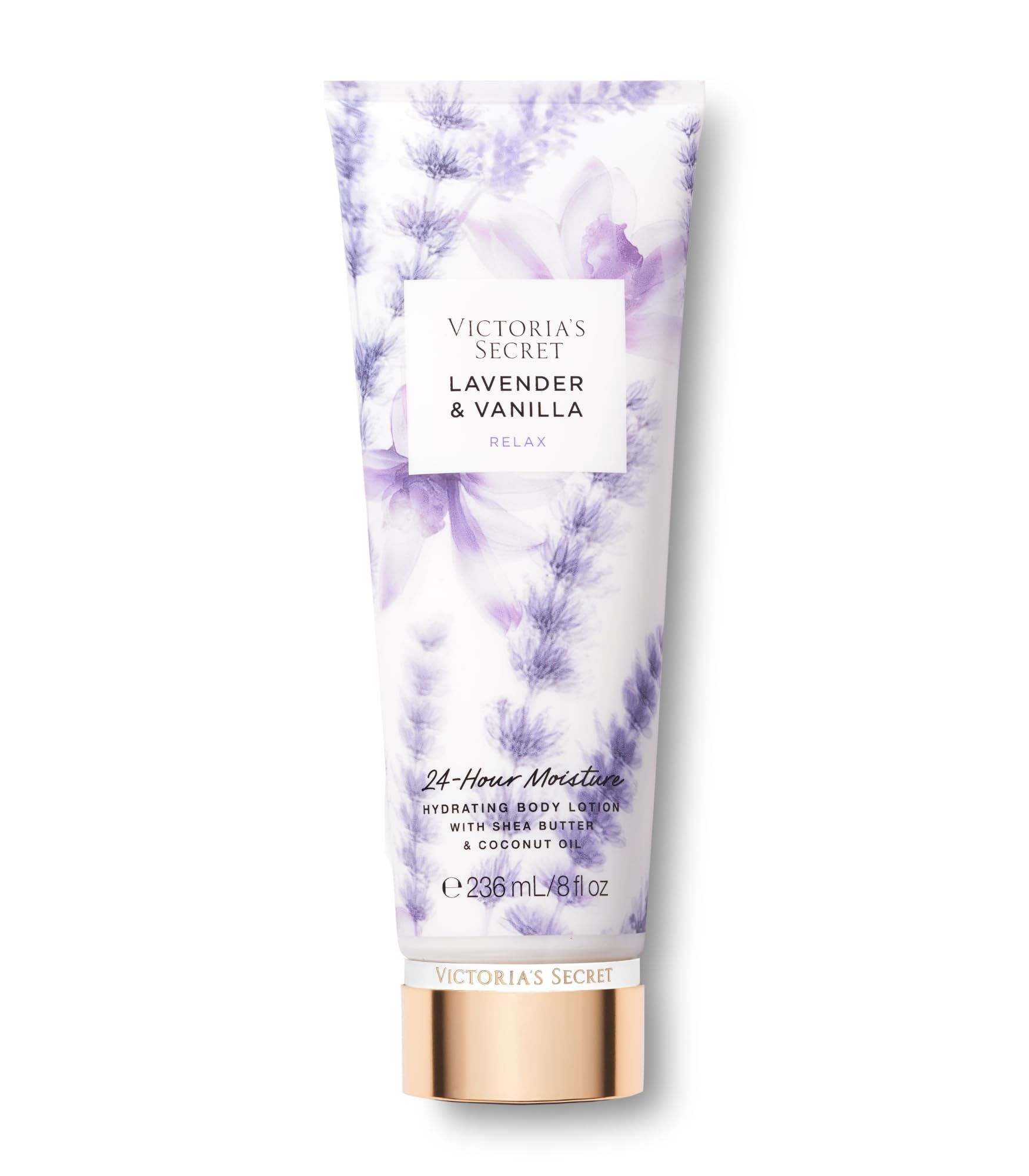 Victoria's Secret bottle front view showing calming lavender vanilla scent and packaging benefit
