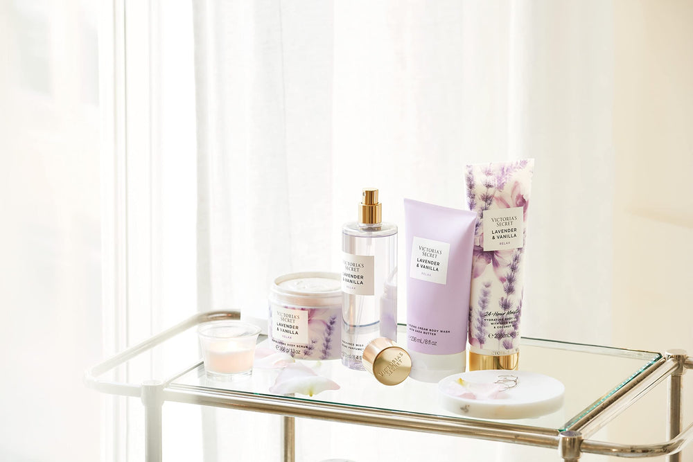 Victoria's Secret lotion on a bathroom vanity suggesting daily ritual and mood-boosting benefit
