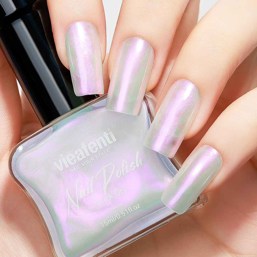 vieafenti bottle front view showing pearl pink iridescent polish and glossy finish