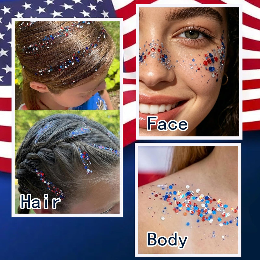 Vienflona glitter applied on cheek giving patriotic shine and photo-ready look