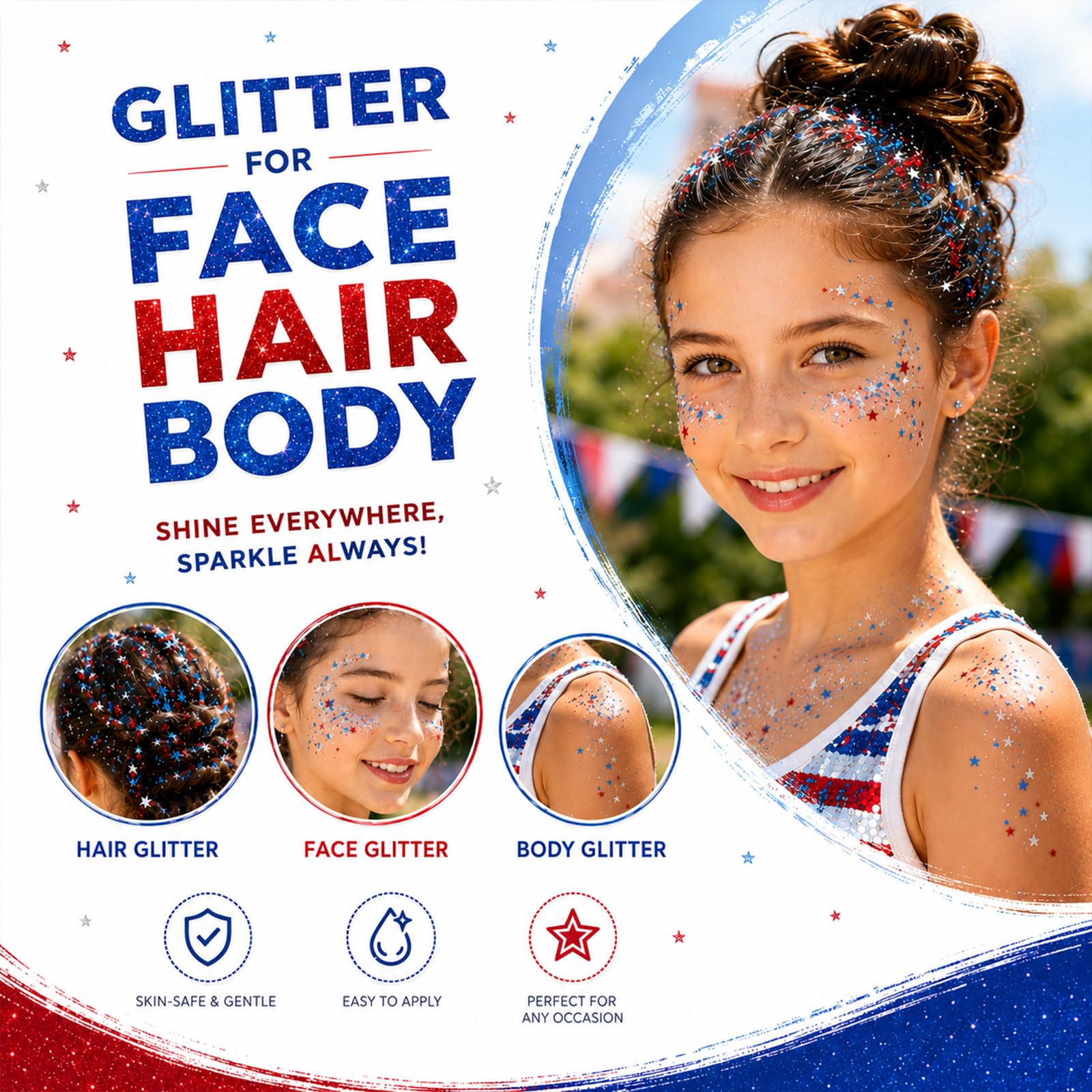 Vienflona glitter used on hairline highlighting patriotic pop and long-wear benefit