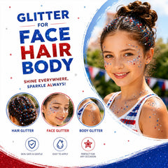 Vienflona glitter used on hairline highlighting patriotic pop and long-wear benefit