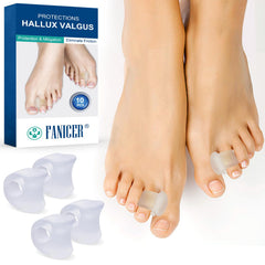 Viexpand front pack displaying ten transparent gel toe spacers and benefits
