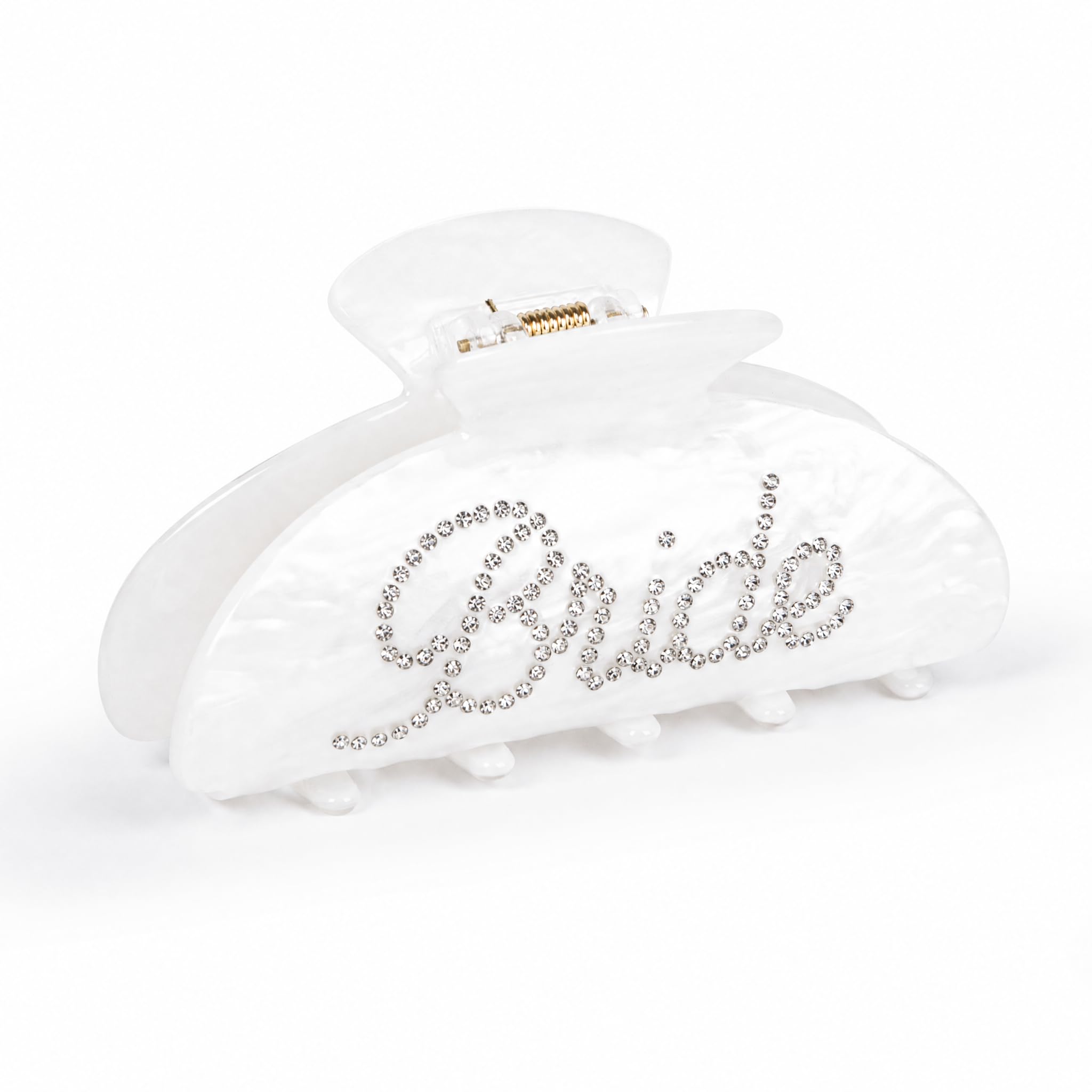 Vigorpace front view of clip showing rhinestone Bride lettering and elegant shine
