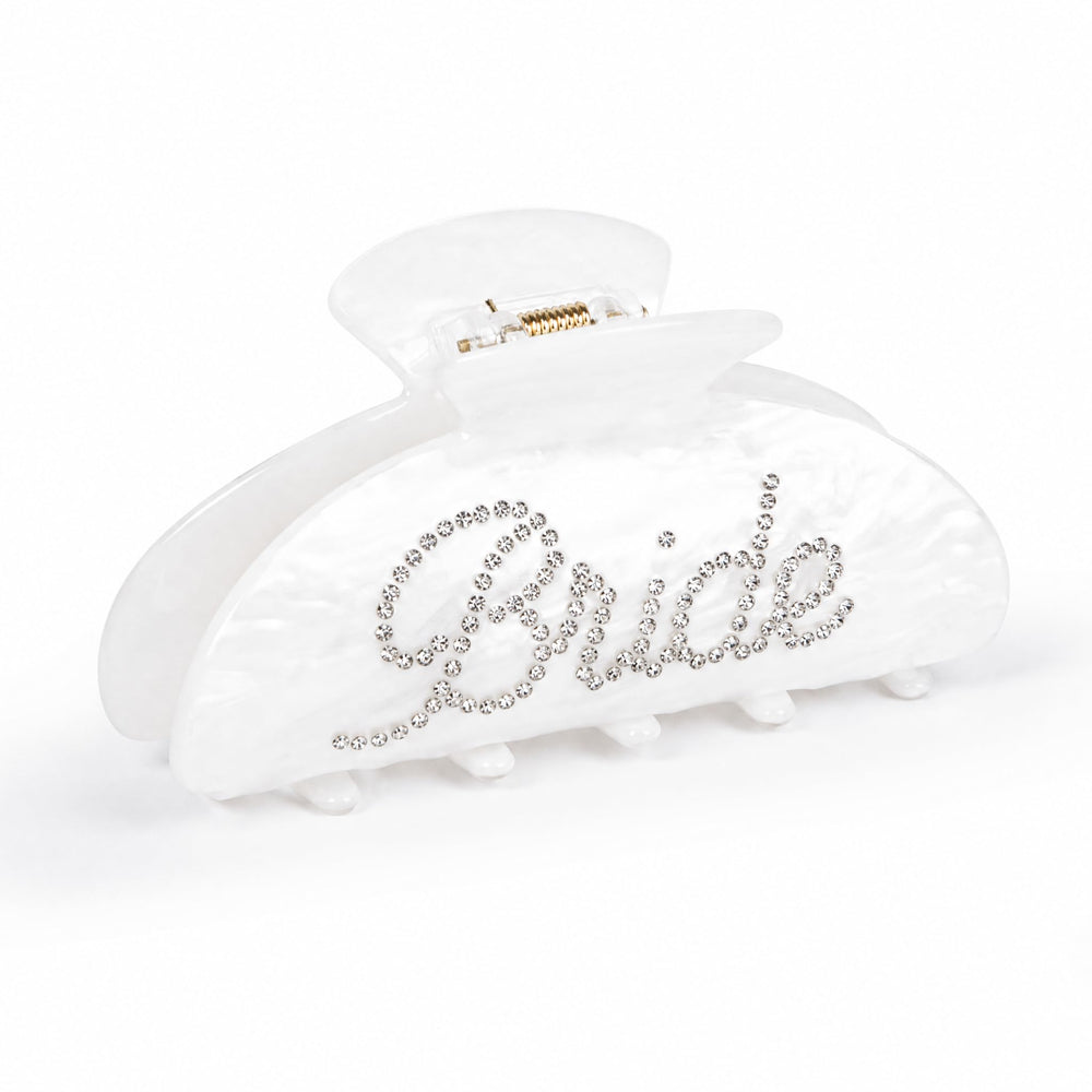 Vigorpace front view of clip showing rhinestone Bride lettering and elegant shine