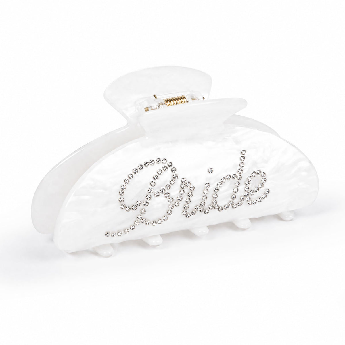 Vigorpace front view of clip showing rhinestone Bride lettering and elegant shine