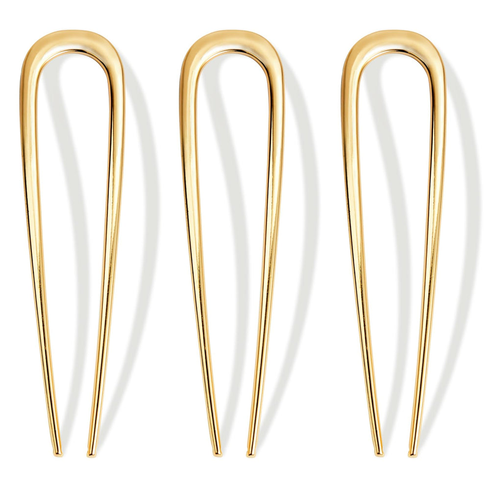 Vigorpace gold French hair pins front view, shows elegant polished finish and set of three