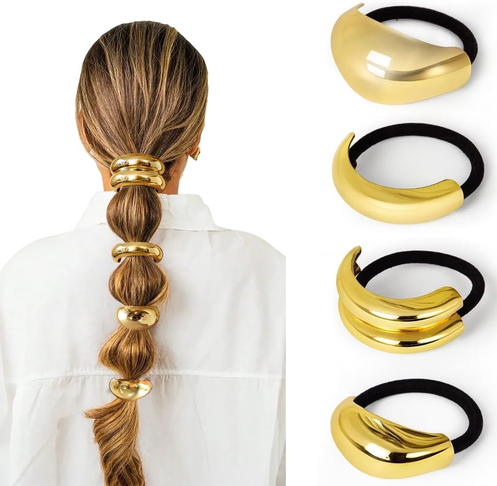 Vigorpace front view of gold hair ties set showing elegant packaging and styling benefit