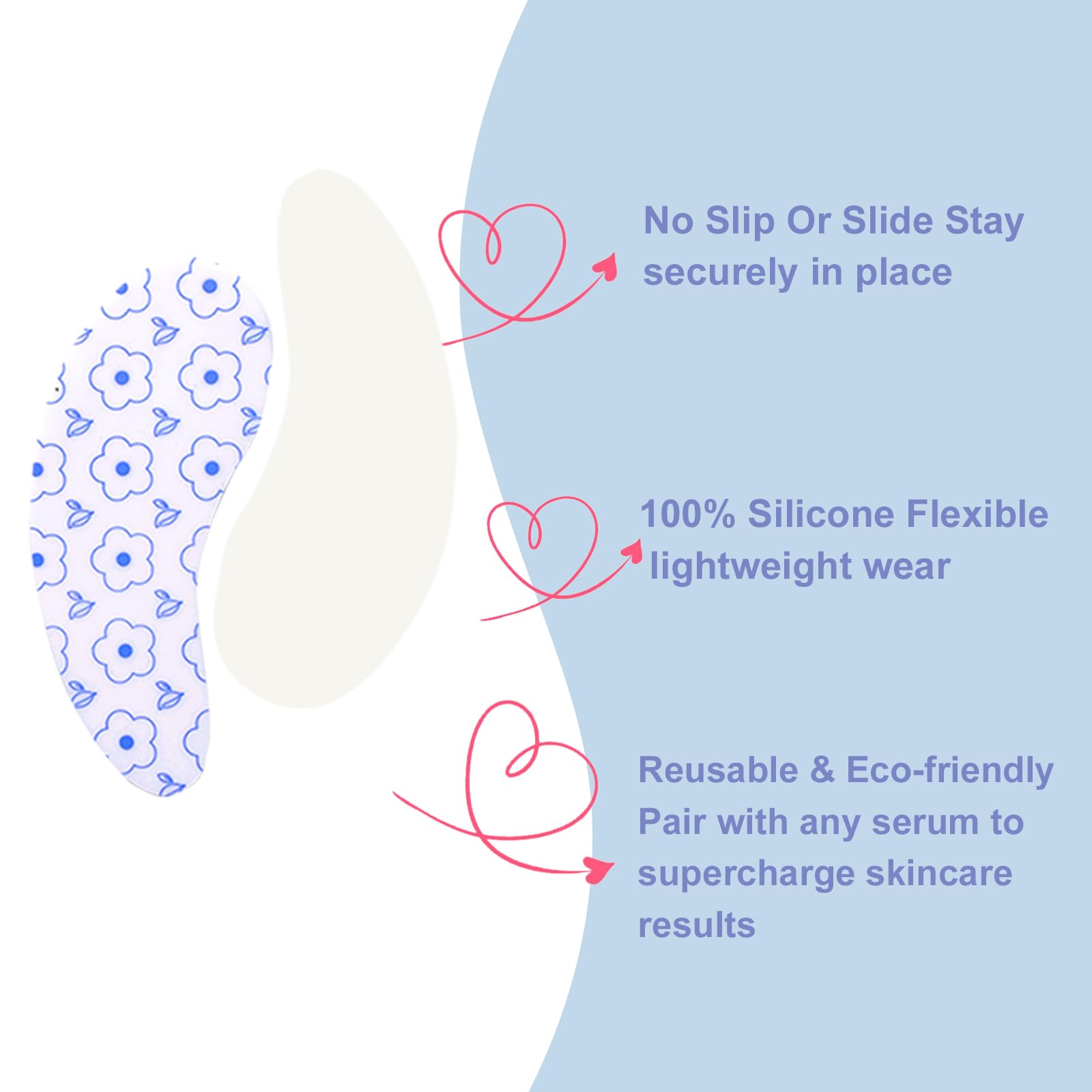 Viigunence silicone patches applied under-eye illustrating product retention benefit