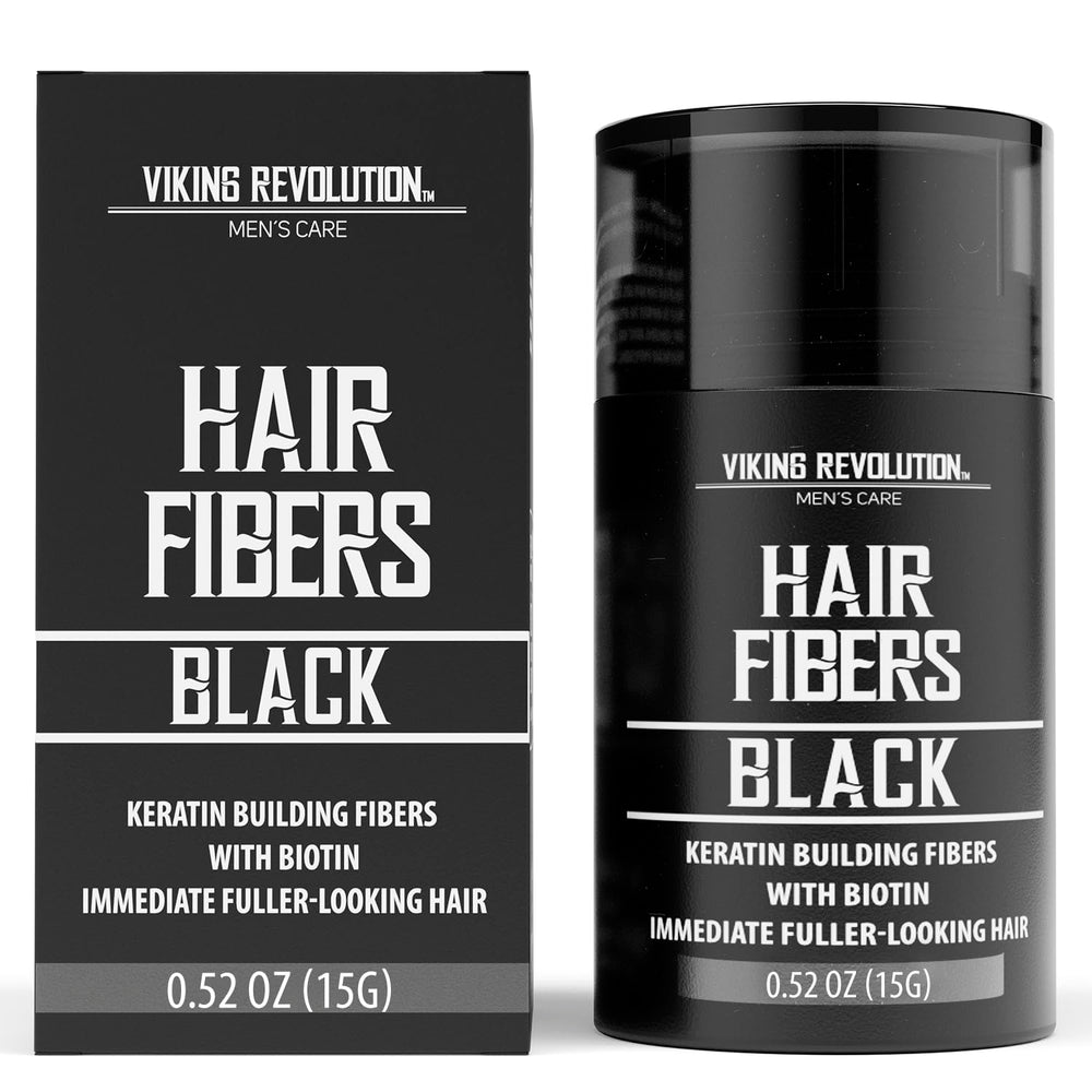Viking Revolution jar front view showing black hair fibers and compact packaging benefit