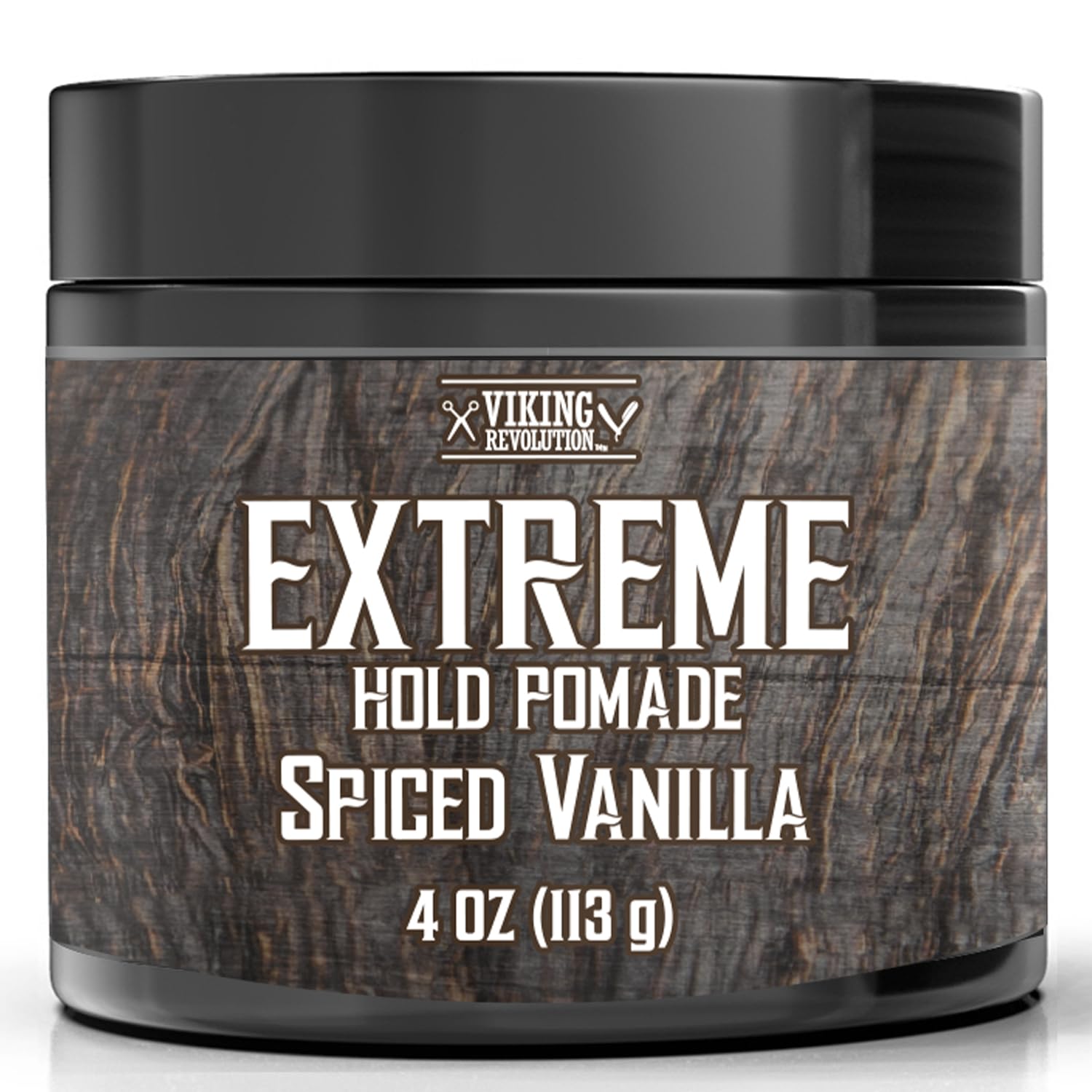 Viking Revolution front jar showing spiced vanilla label and benefit of strong hold