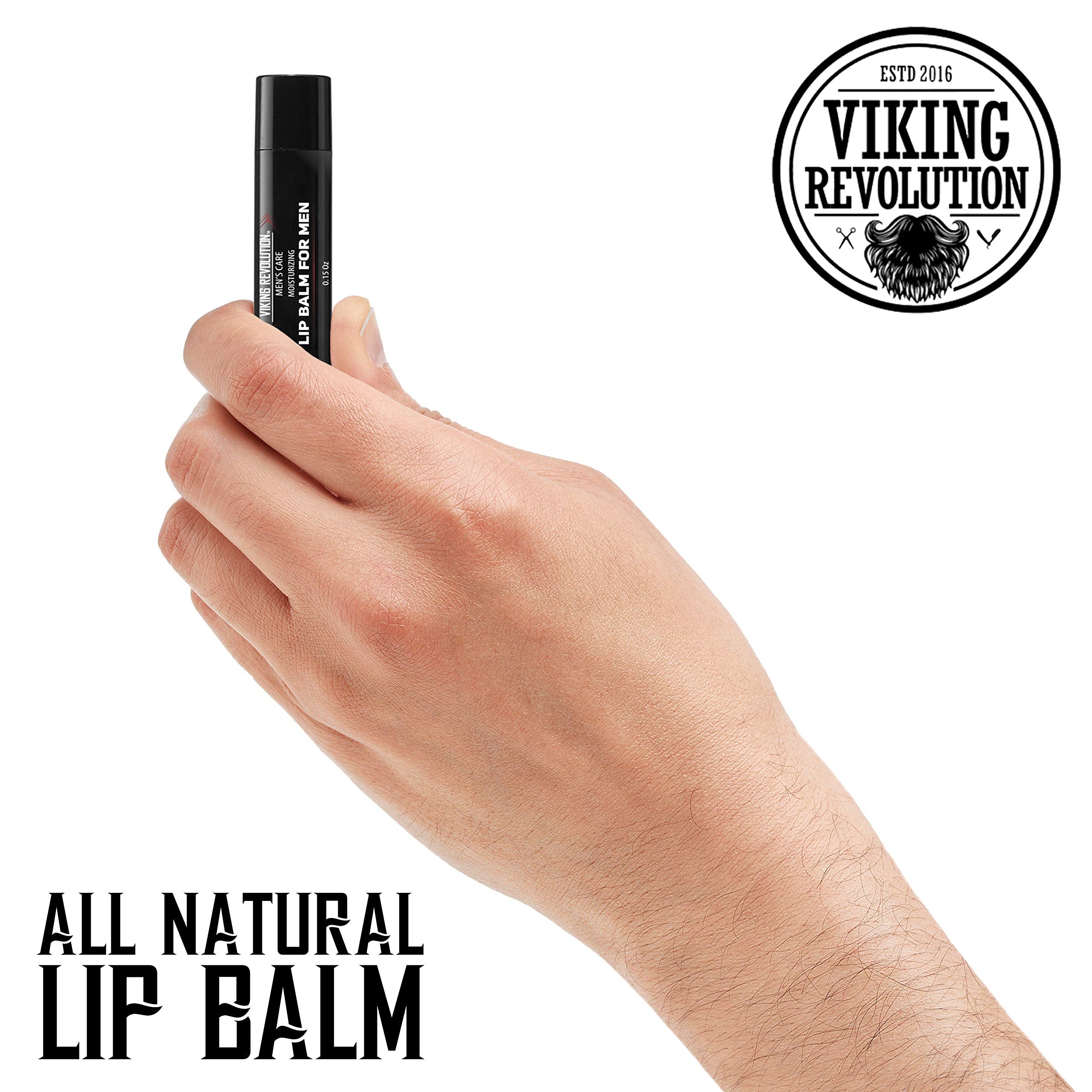 Viking Revolution lip balm held in hand illustrating size and pocket-friendly convenience
