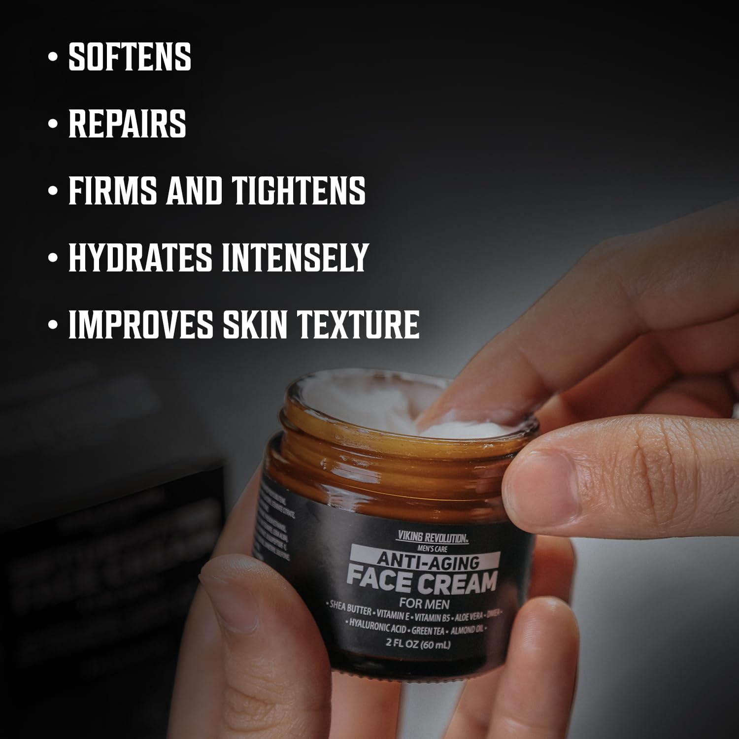 Viking Revolution ingredients display highlighting hyaluronic acid aloe and green tea benefits