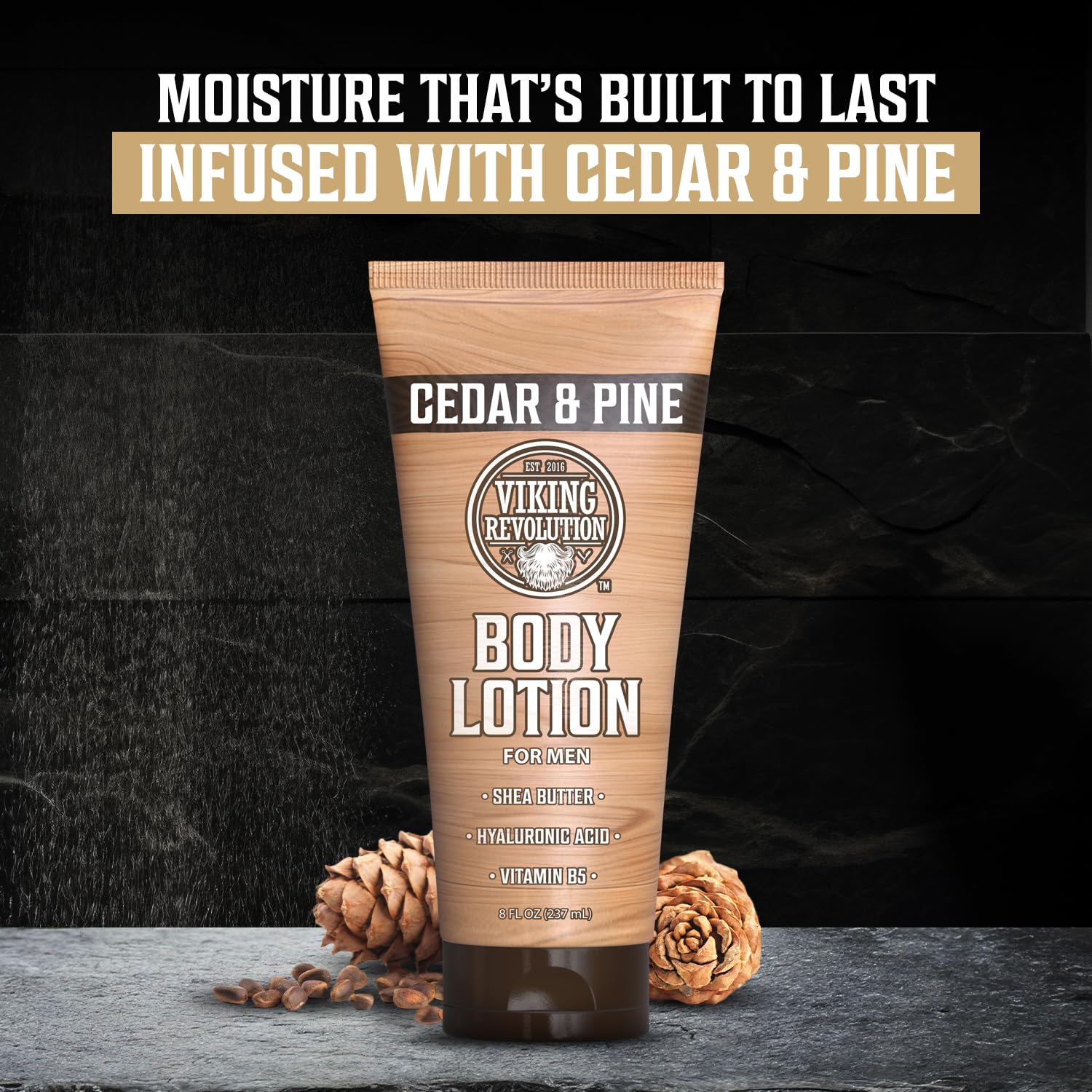Viking Revolution ingredients label close-up highlighting shea, hyaluronic acid and B5