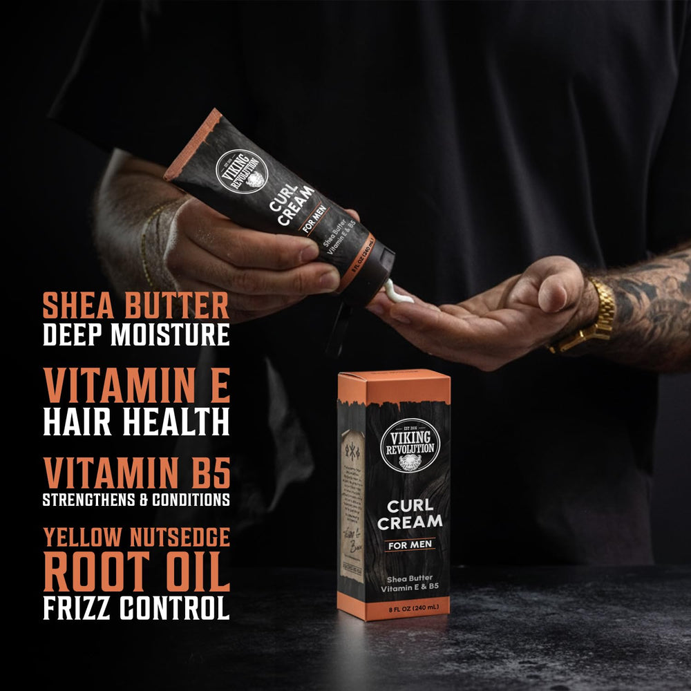 Viking Revolution on model with defined curls demonstrating natural, frizz-controlled finish