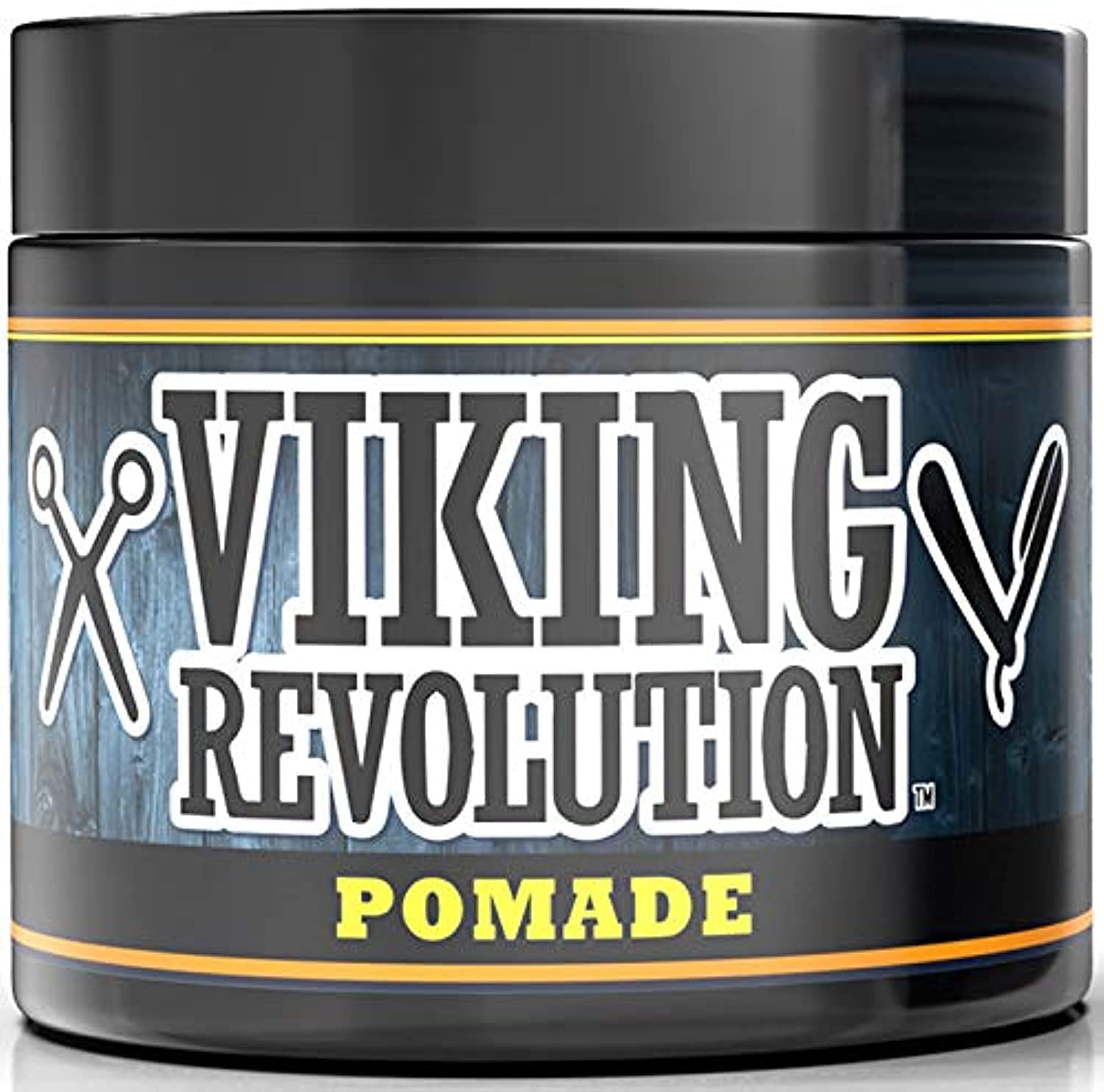 Viking Revolution pomade front tub showing size and premium branding benefit of clear choice