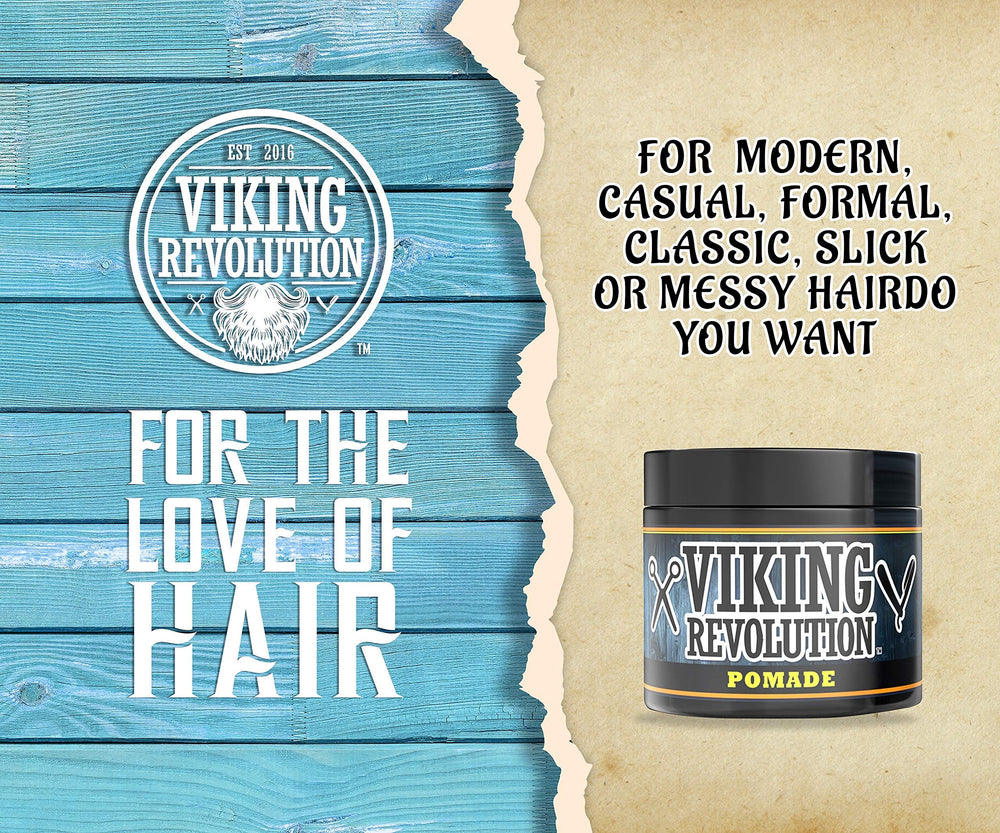 Viking Revolution pomade label closeup showing ingredients and firm-hold claim for informed purchase