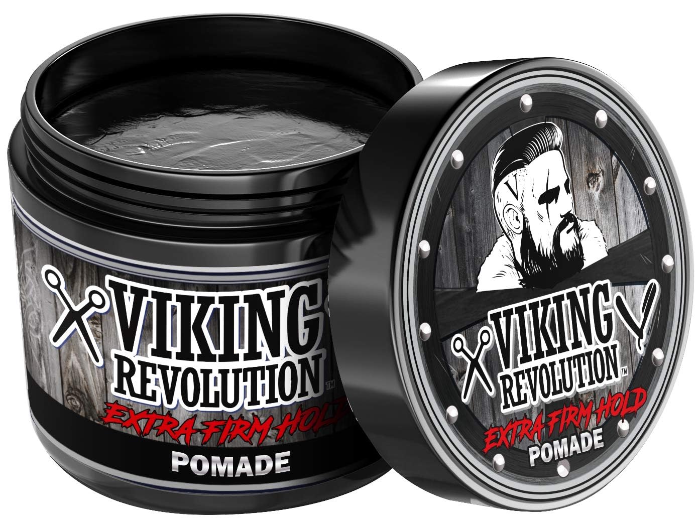 Viking Revolution pomade label closeup showing ingredients and directions benefit: informed choice