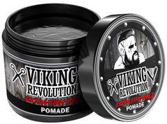 Viking Revolution pomade label closeup showing ingredients and directions benefit: informed choice