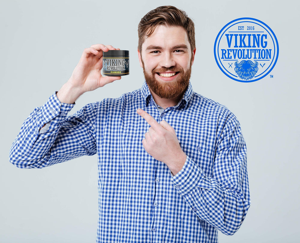 Viking Revolution pomade used to create a polished pompadour showing firm hold and high shine