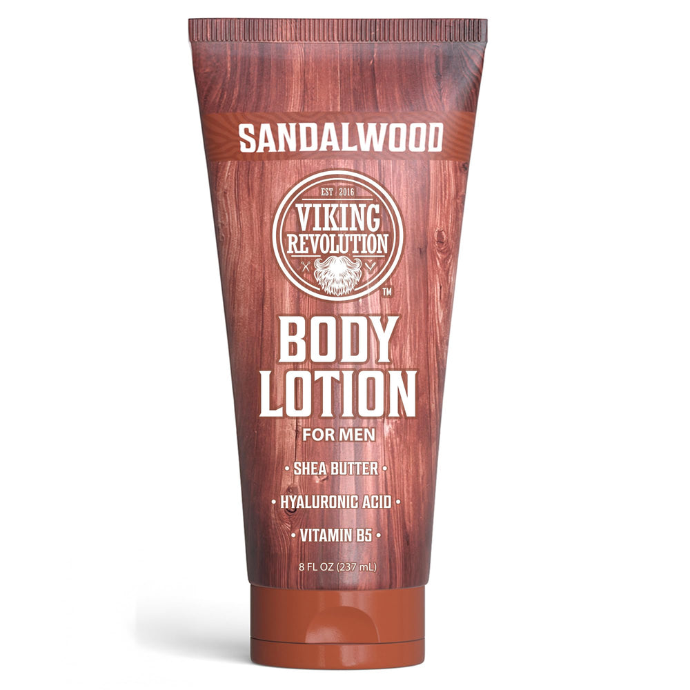 Viking Revolution bottle front showing sandalwood label and masculine branding benefits