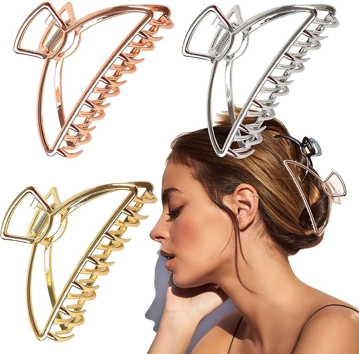 VinBee front view of three metal hair clips showing colors and shape for versatile styling