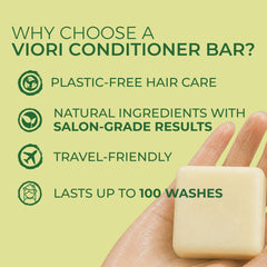 Viori solid conditioner bar on soap dish illustrating travel-ready, zero-plastic convenience
