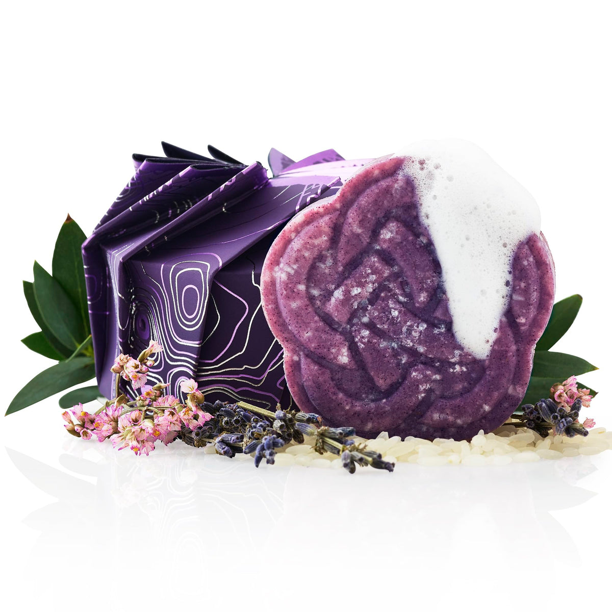 Viori front packaging showing purple shampoo bar and eco benefits