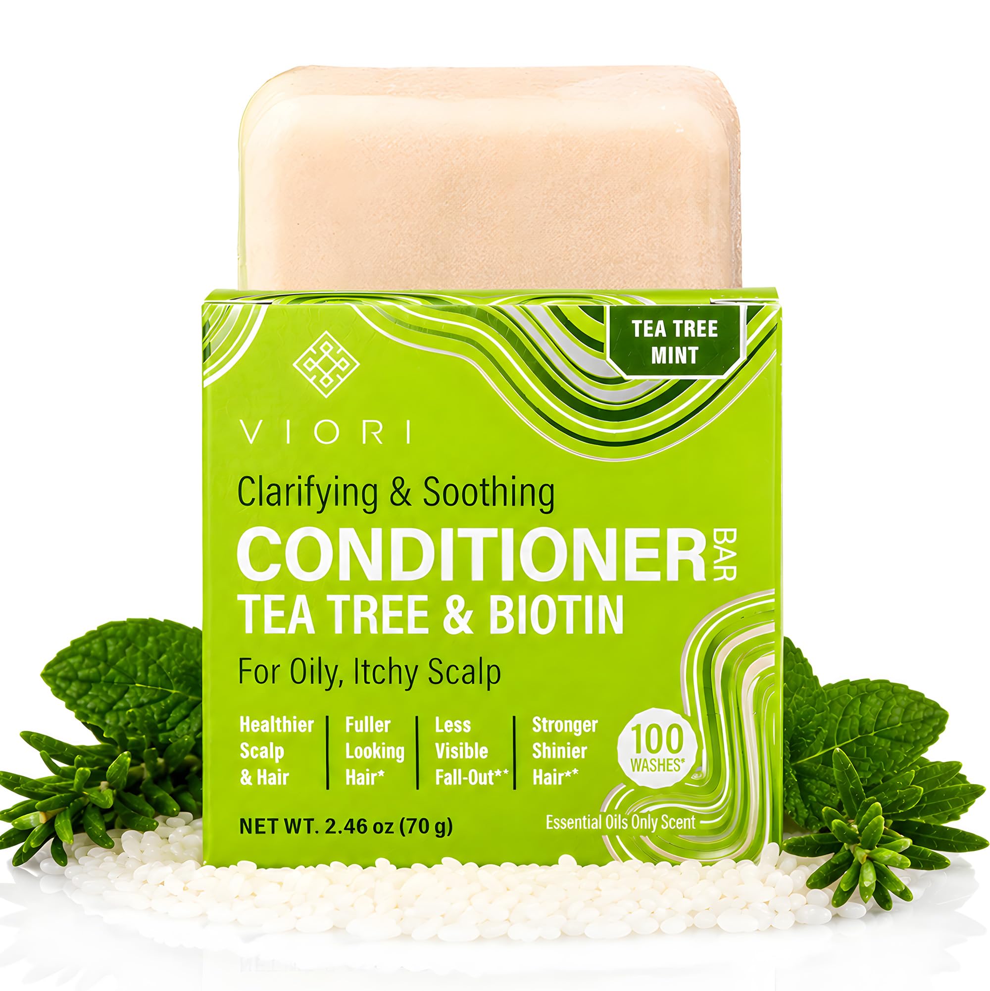 Viori front packaging of tea tree mint conditioner bar showing eco-friendly box and brand
