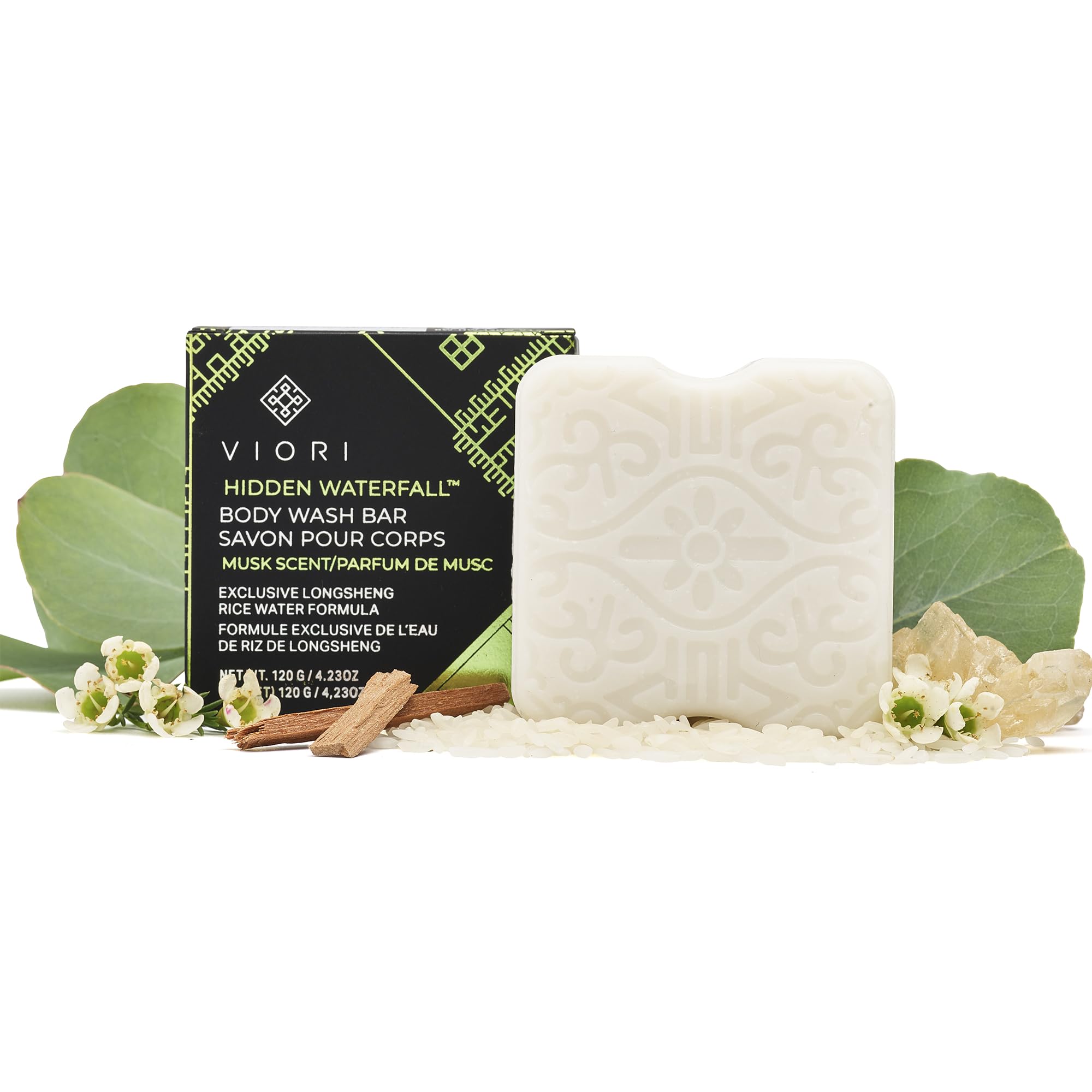 Viori front packaging showing sweet musk soap and eco packaging for gentle cleansing