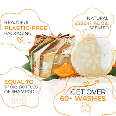 Viori shampoo bar in hand to show compact travel-friendly size