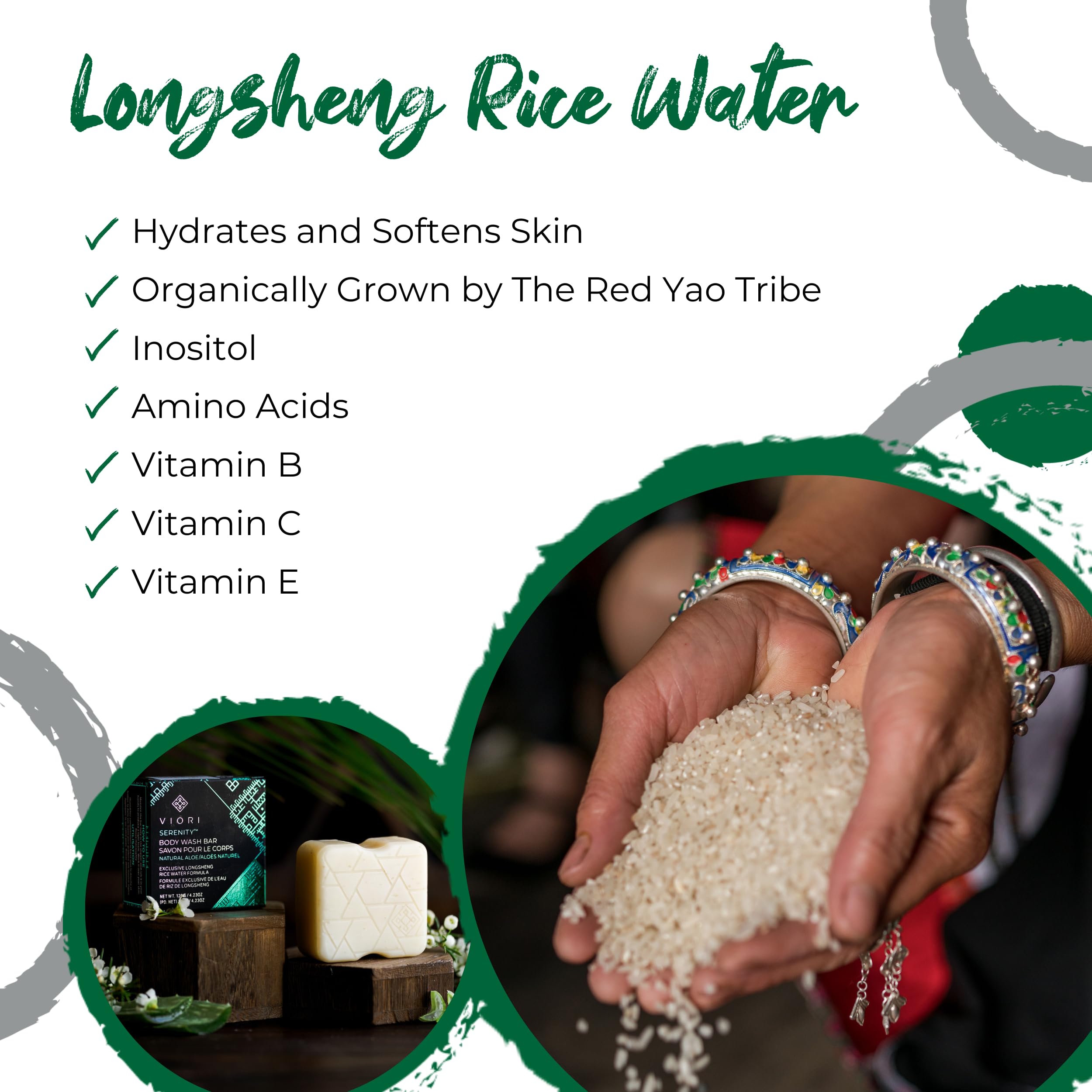 Viori rice water ingredient shot emphasizing Longsheng rice water for smoothing benefit