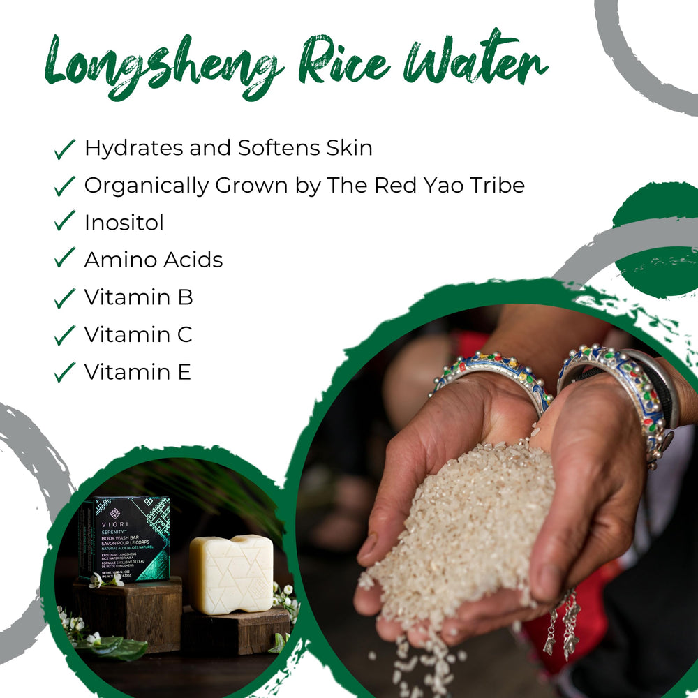 Viori rice water ingredient shot emphasizing Longsheng rice water for smoothing benefit
