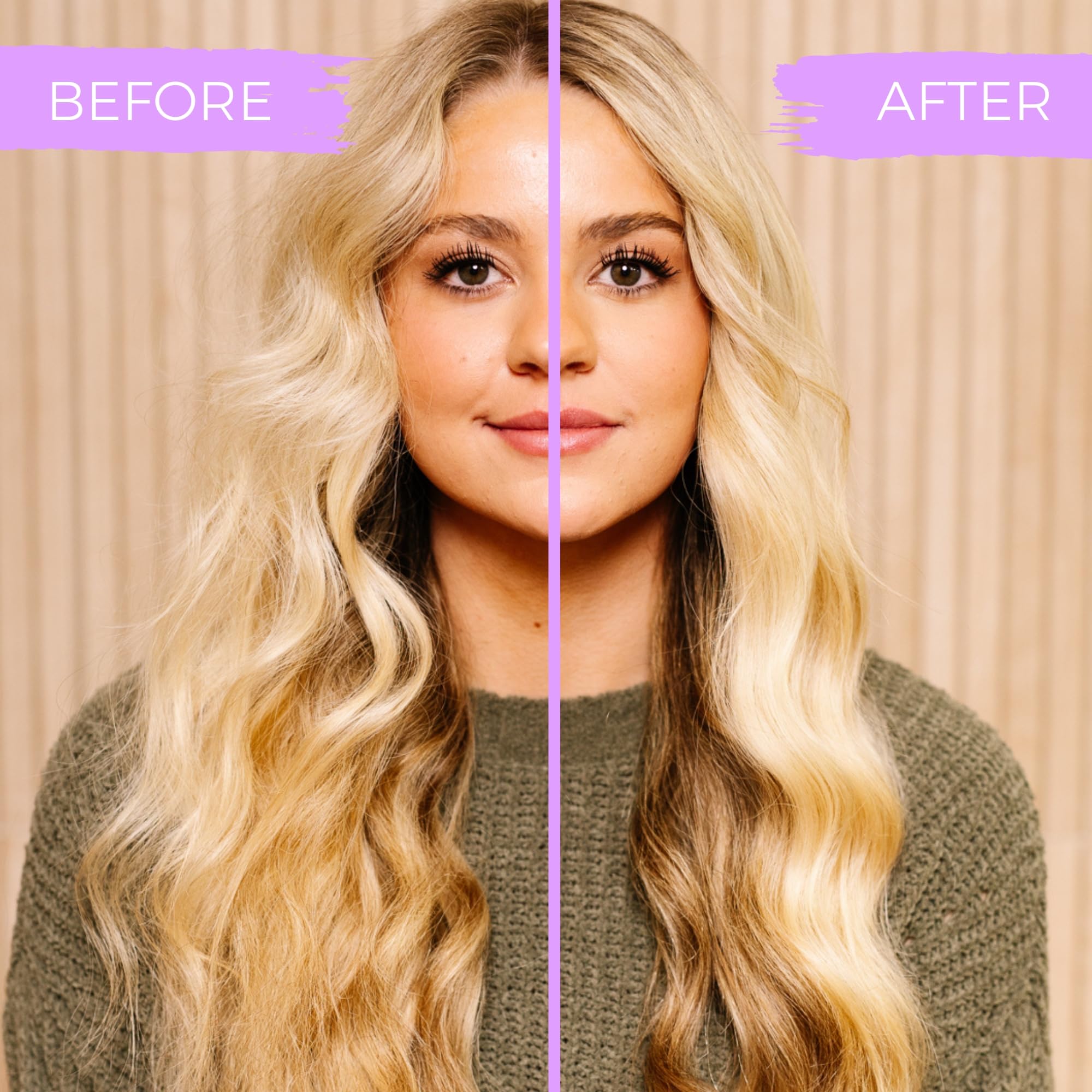 Viori being applied to wet blonde hair to neutralize brassiness and add moisture