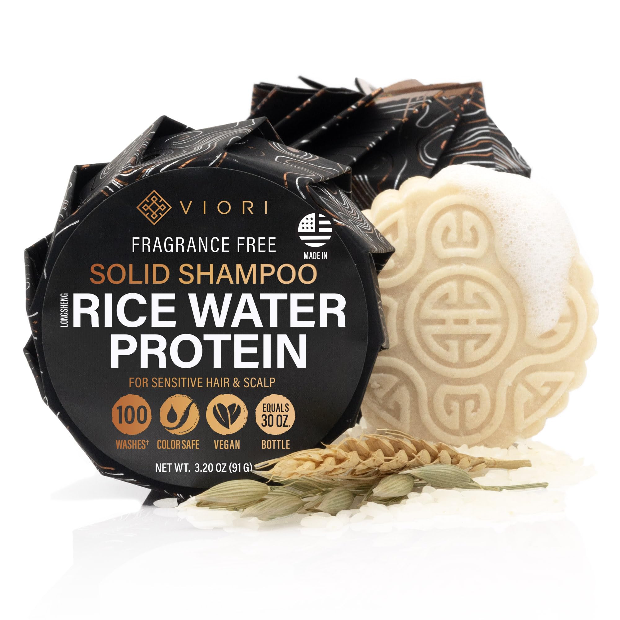 Viori rice water shampoo bar front packaging showing eco-friendly benefits