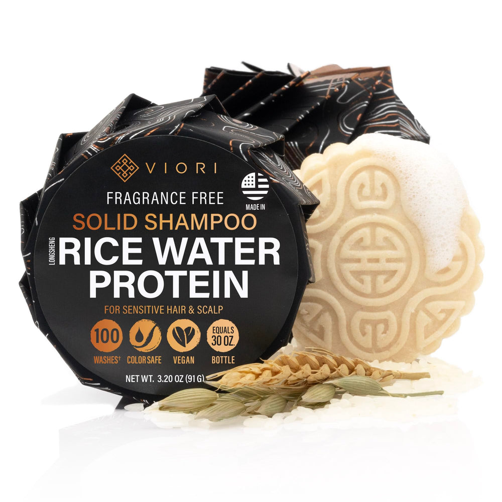 Viori rice water shampoo bar front packaging showing eco-friendly benefits