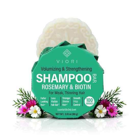 Viori rosemary shampoo bar front view showing compact plastic-free design and daily use benefit