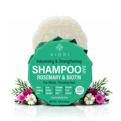 Viori rosemary shampoo bar front view showing compact plastic-free design and daily use benefit