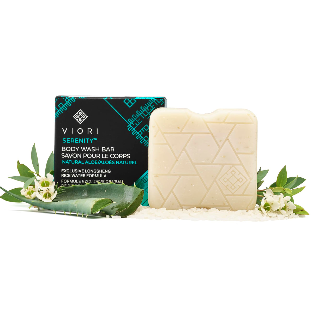 Viori front packaging showing the 120g aloe-scented bar and benefit of clean ingredients