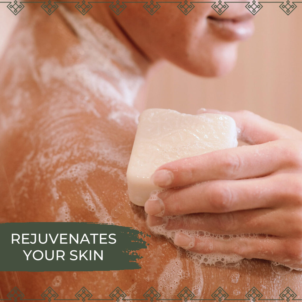 Viori bar in use in shower demonstrating rich lather and effective cleansing benefit