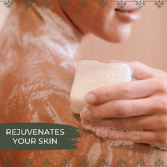 Viori bar in use in shower demonstrating rich lather and effective cleansing benefit