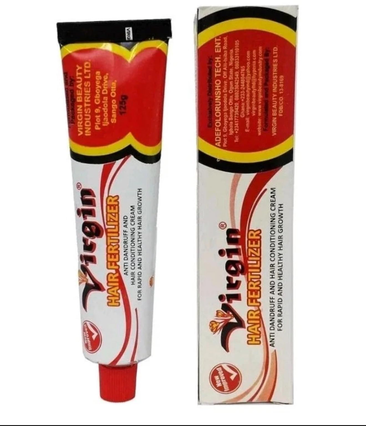 Virgin brand tube front view showing cream packaging and easy application benefit