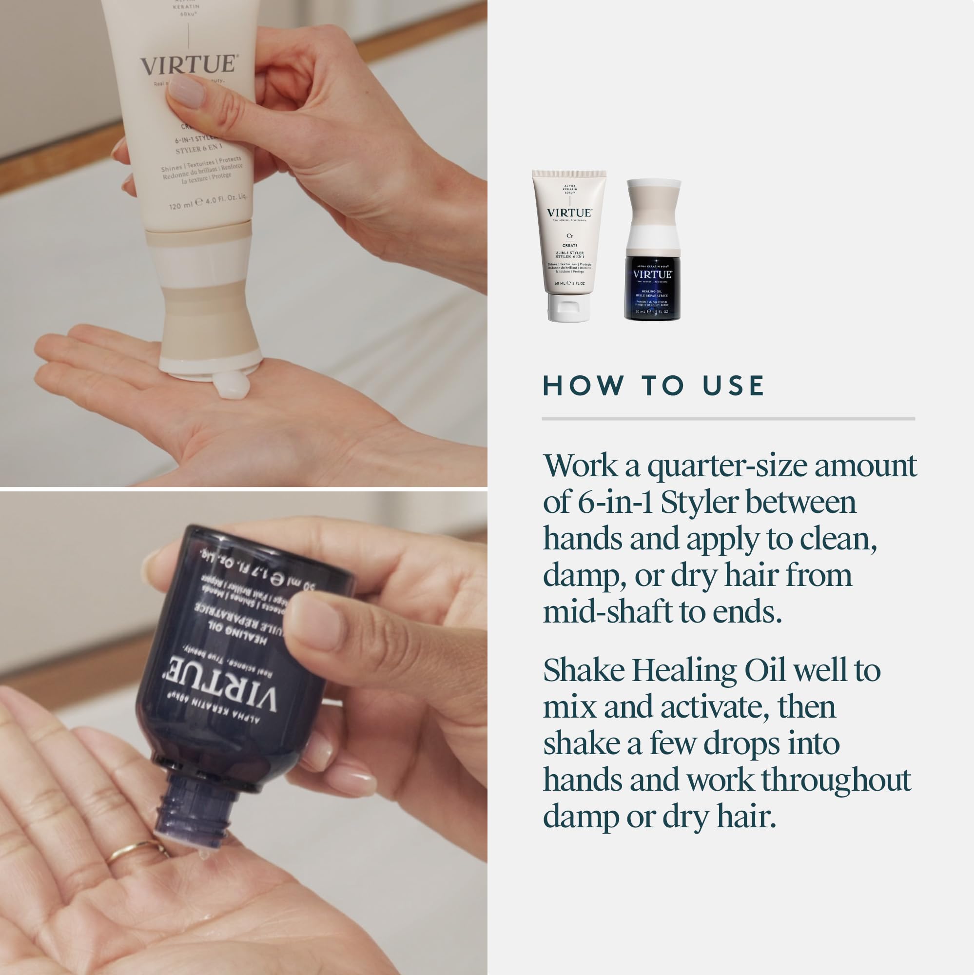VIRTUE 6-in-1 Styling Cream tube detail showing texture and protection