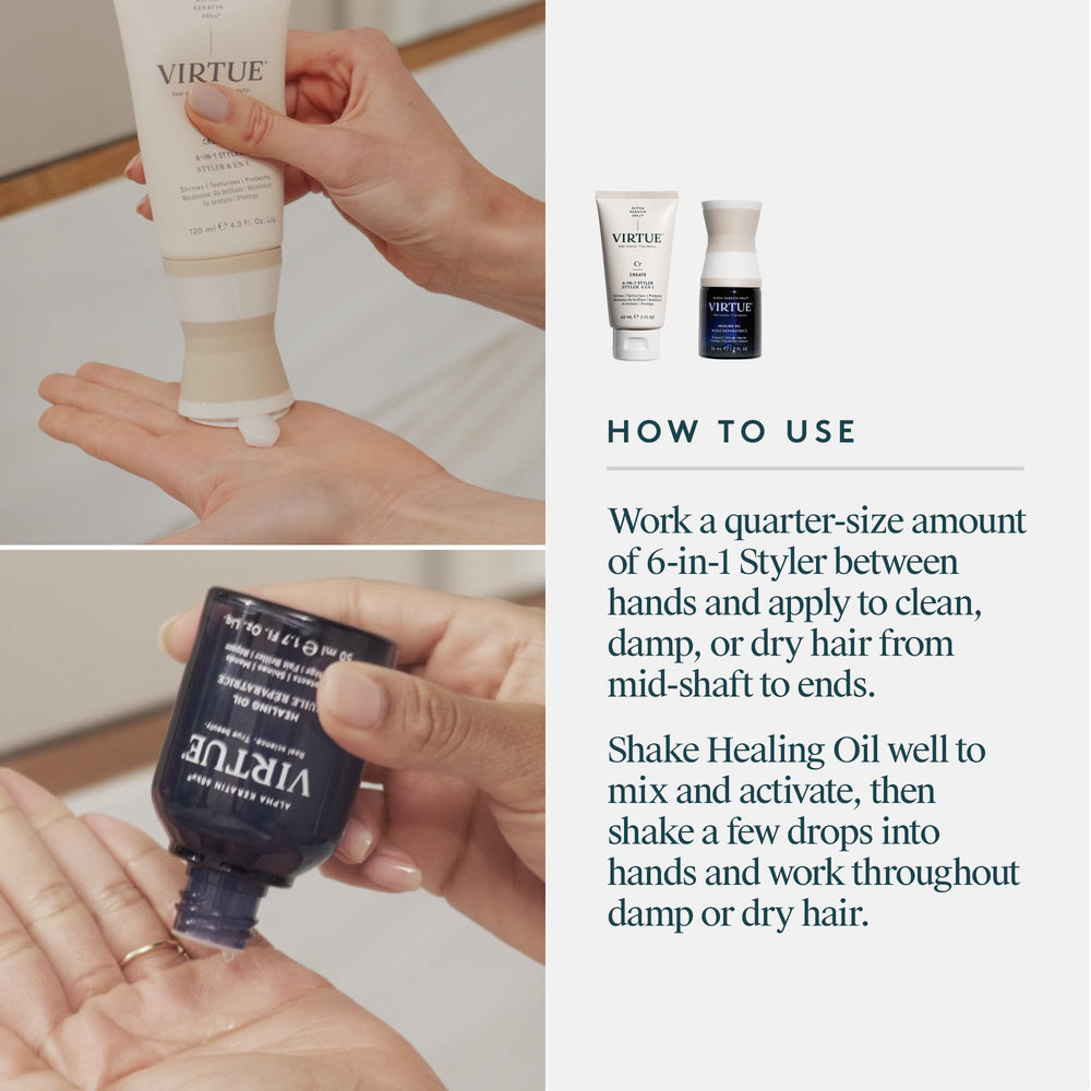 VIRTUE 6-in-1 Styling Cream tube detail showing texture and protection