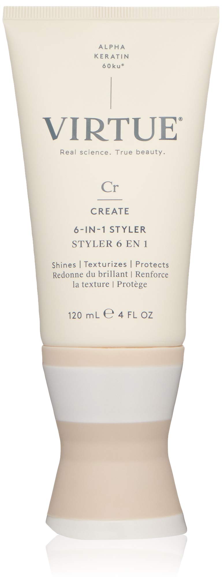 VIRTUE front bottle showing label and sleek packaging, indicates professional styling benefit