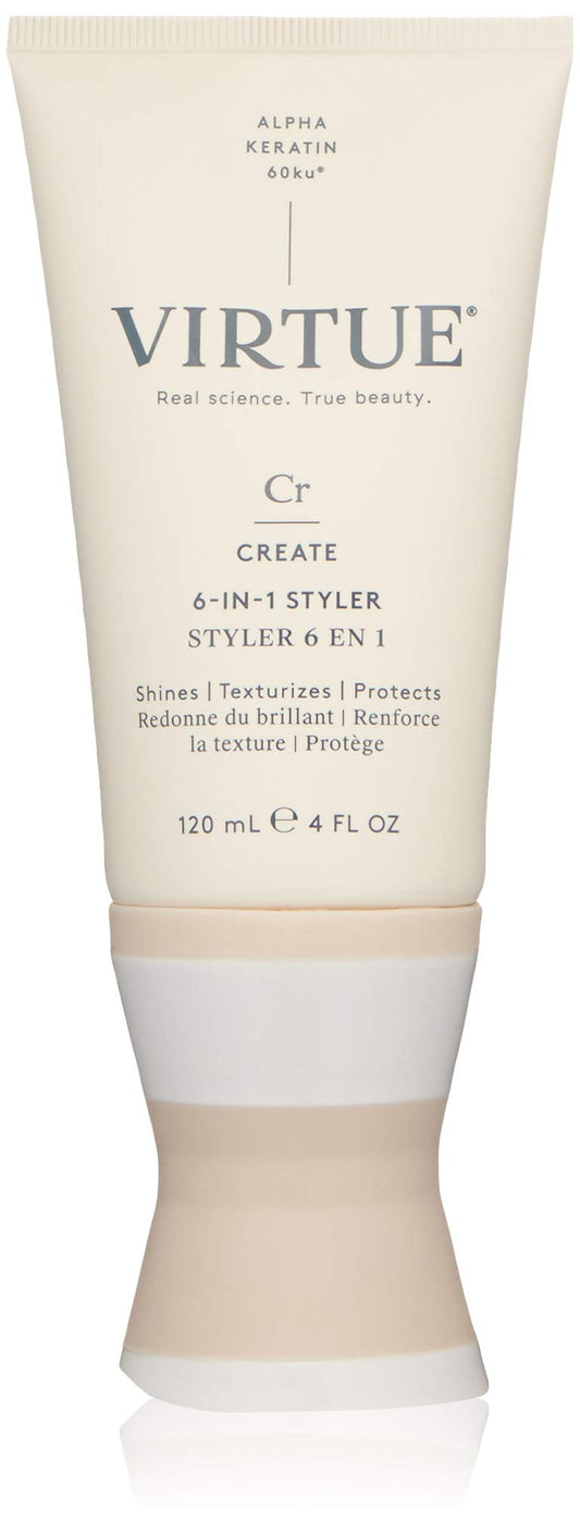 VIRTUE front bottle showing label and sleek packaging, indicates professional styling benefit